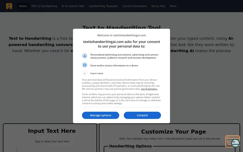Screenshot of Text to handwriting converter