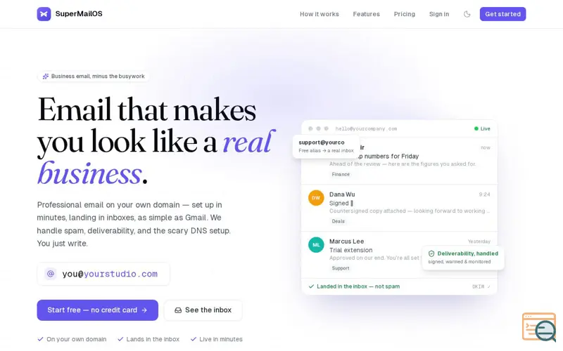 Screenshot of SuperMailOS — company email, live in 5 minutes