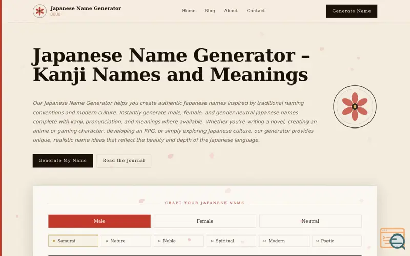 Screenshot of Japanese Name Generator