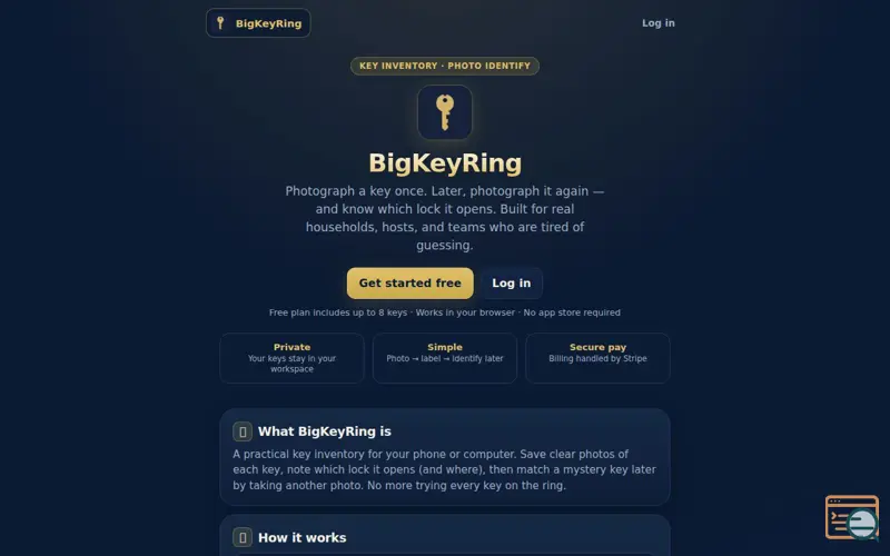 Screenshot of BigKeyRing — Photo a key. Get the lock., a launch using Caddy