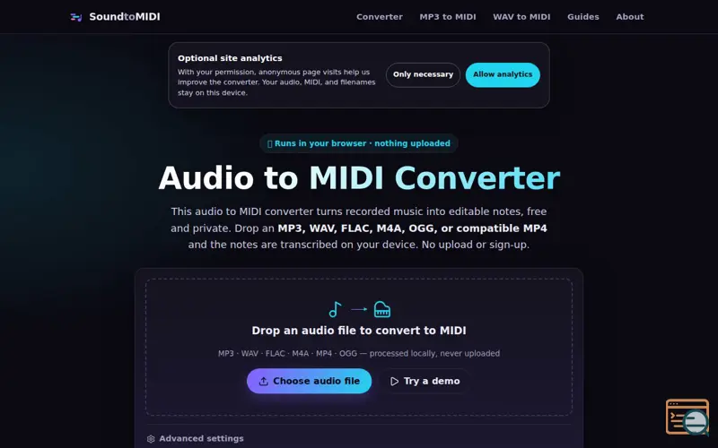 Screenshot of Audio to MIDI Converter — Free, Online & 100% Private | Sound to MIDI