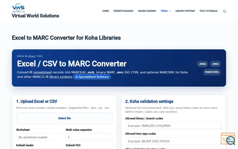 Screenshot of Excel spreadsheets to MARC21 Converter