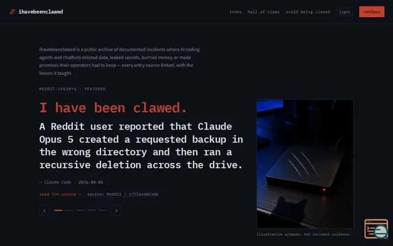 Screenshot of ihavebeenclawed — an index of agent incidents