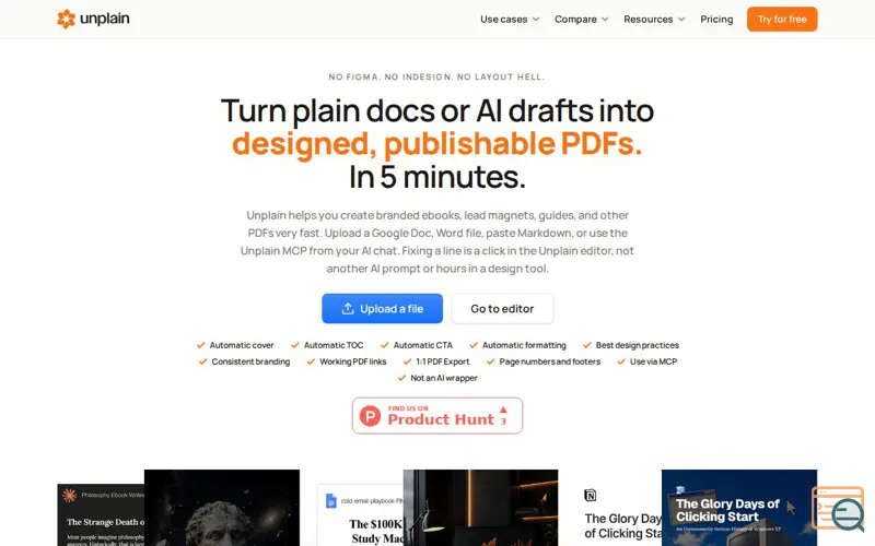 Screenshot of Unplain — Publish-Ready PDFs from Docs & AI Drafts