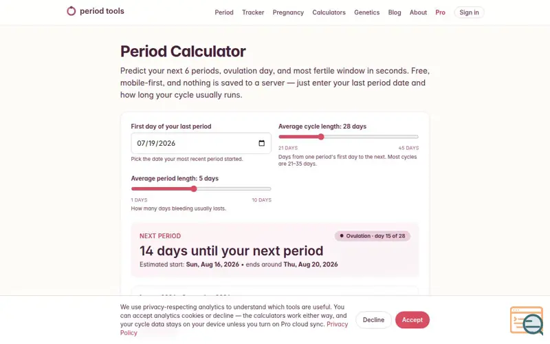 Screenshot of Period Tools