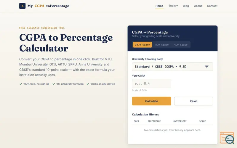 Screenshot of MyCGPAtoPercentage.com