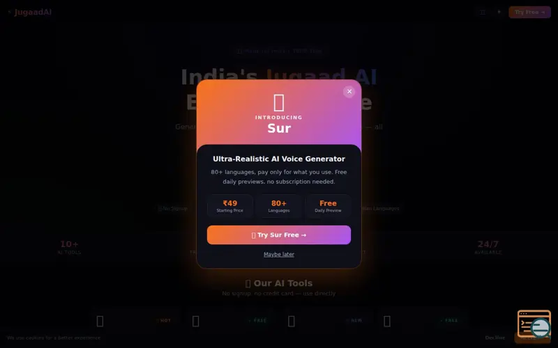 Screenshot of JugaadAI - Free AI Tools for India