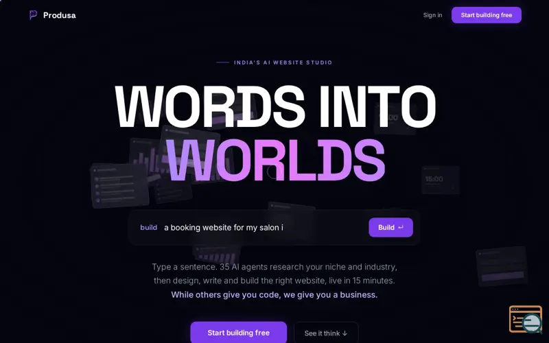 Screenshot of Produsa — AI App Builder for India | Idea to Live App in 15 Min, a launch using SplitType