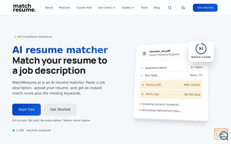 Screenshot of MatchResume.ai, a launch using CookieYes