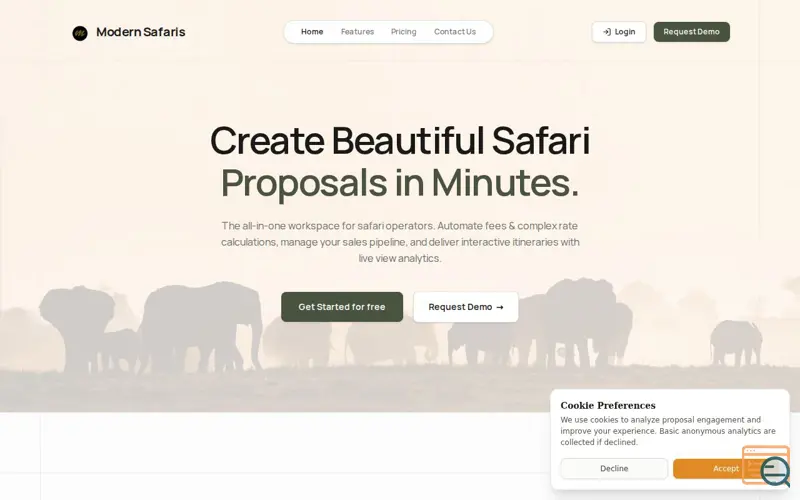 Screenshot of Create Beautiful Safari Proposals in Minutes | The Modern Explorer