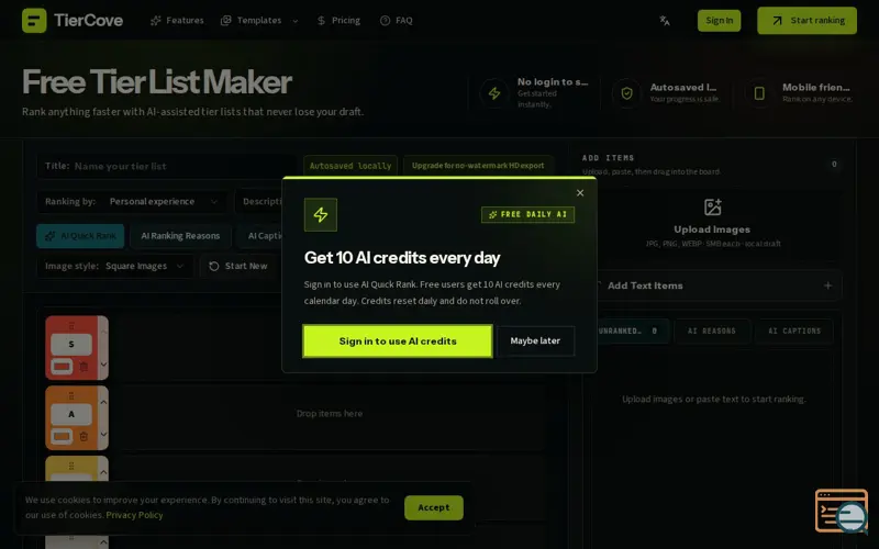 Screenshot of TierCove, a launch using AIBestTop
