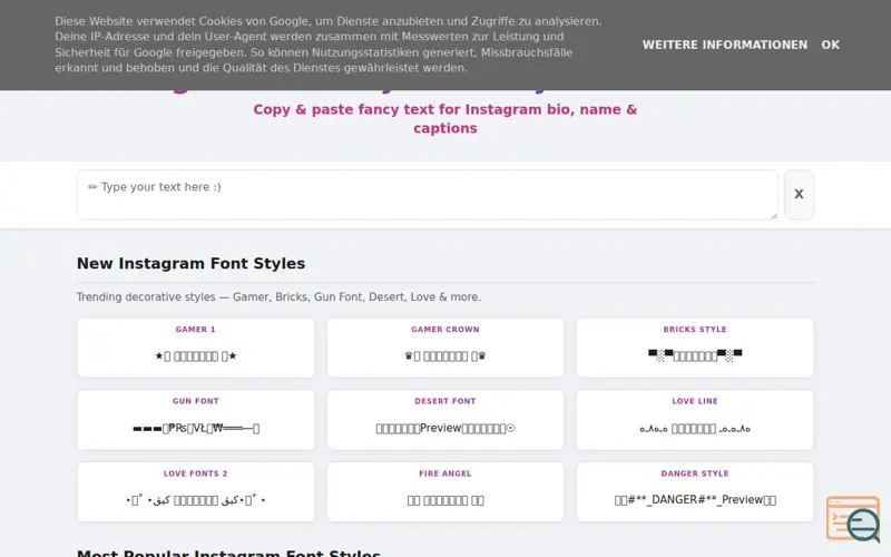 Screenshot of Instagram Font Style
