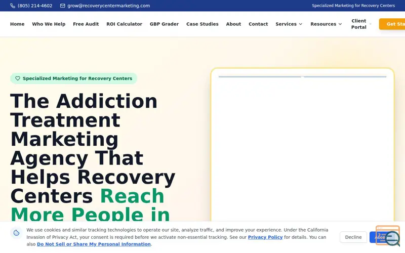 Screenshot of Recovery Center Marketing