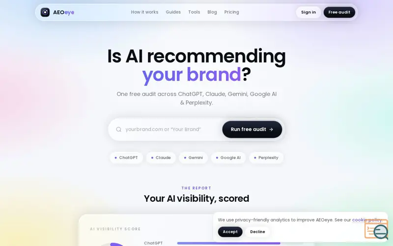 Screenshot of AEOeye — See your brand the way AI does, a launch using FlowGlance