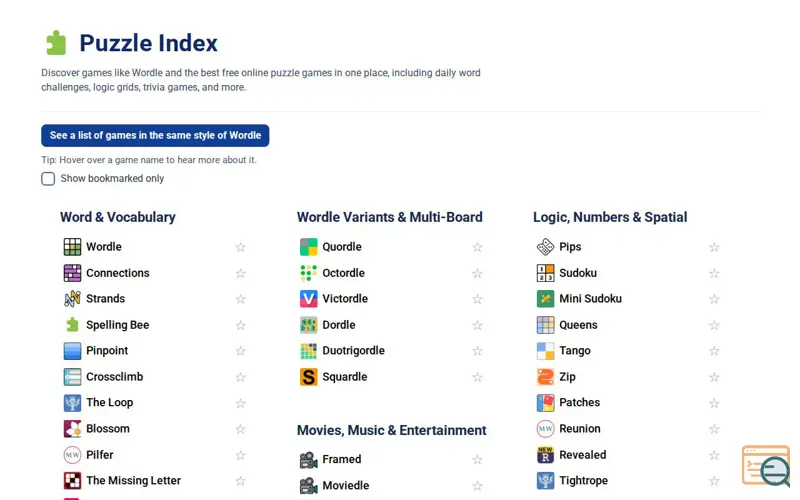 Screenshot of Puzzle Index