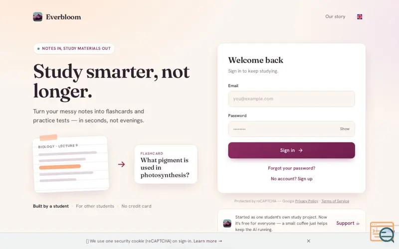 Screenshot of Everbloom Study, a launch using Nano Stores