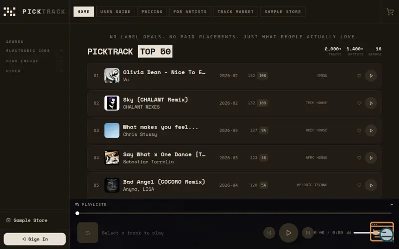 Screenshot of PickTrack — Music Discovery for DJs