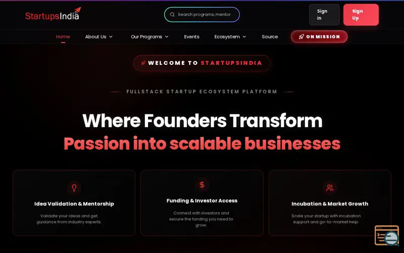 Screenshot of Startups India