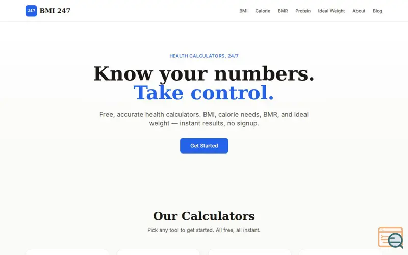 Screenshot of BMI 247 — Free Health Calculators, 24/7