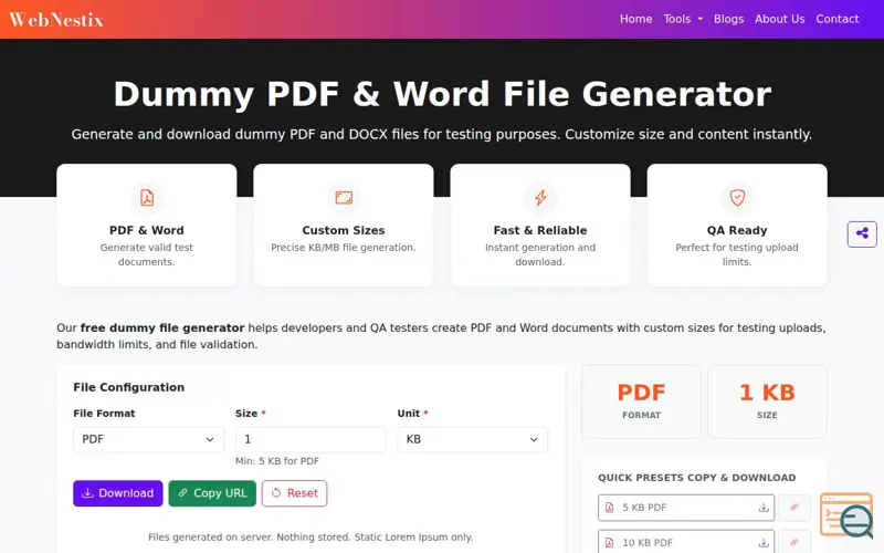 Screenshot of Dummy File Generator by WebNestix