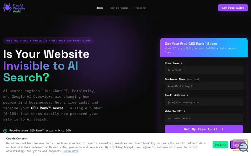 Screenshot of Freeaiwebsiteaudit, a launch using GoDaddy Airo AI Builder