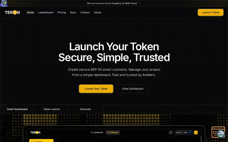 Screenshot of Teron — Launch Your Token on BNB Chain, a launch using Alchemy Dapp Store