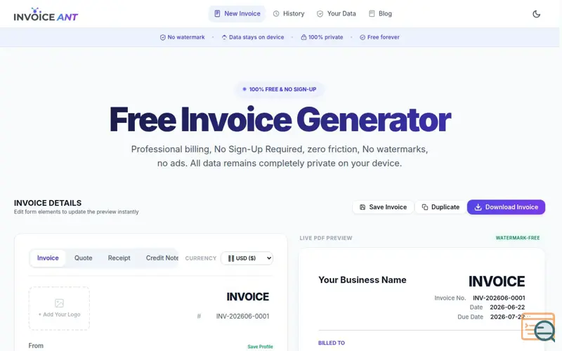 Screenshot of InvoiceAnt