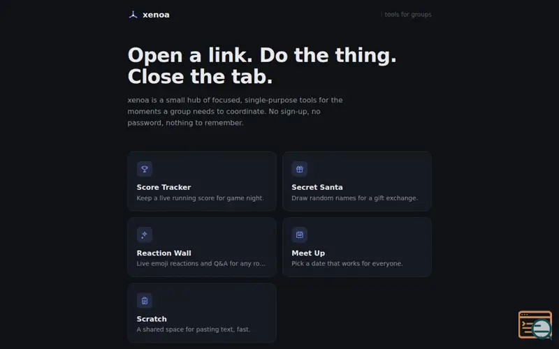 Screenshot of xenoa · no-account tools for groups