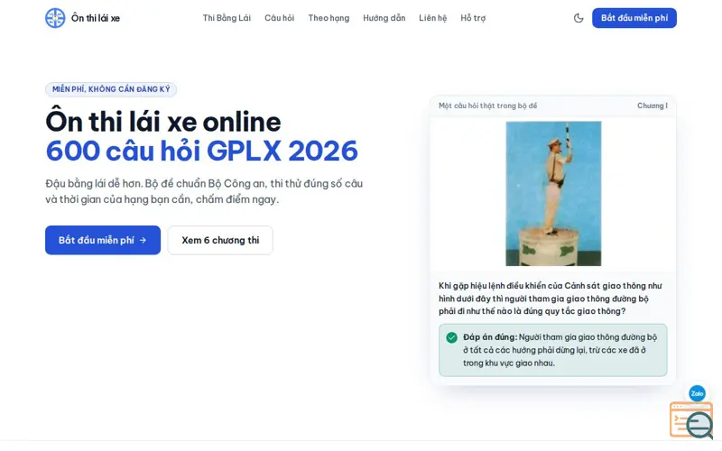 Screenshot of Ôn thi GPLX B1, B2, C online 2026 - 600 câu hỏi miễn phí