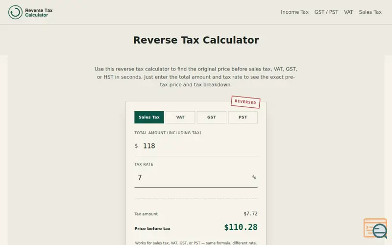 Screenshot of Reverse Tax Calculator