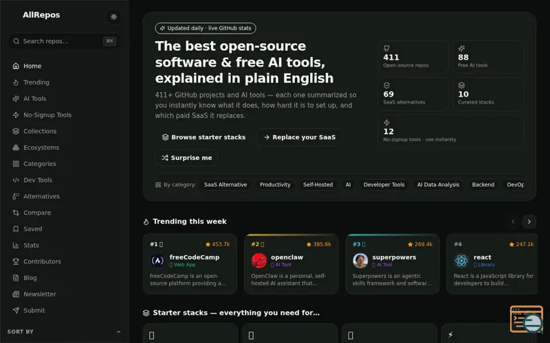 Screenshot of AllRepos — Discover GitHub Repos & Free AI Tools