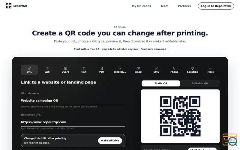 Screenshot of Free QR Code Generator - Create Editable Dynamic QR Codes | RepointQR