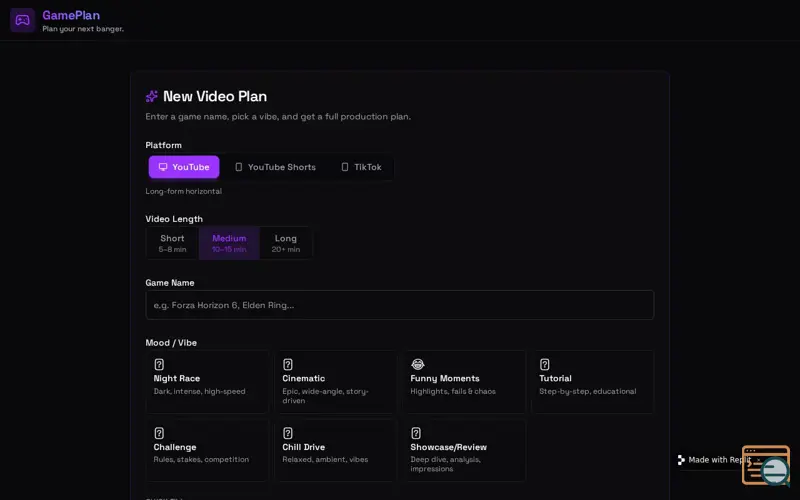 Screenshot of GamePlan YouTube Video Planner for Gamer