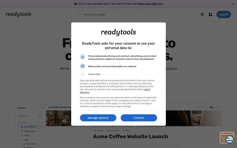 Screenshot of ReadyTools Workspace with AI & Collab