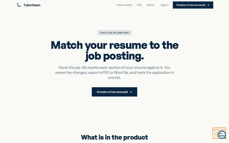 Screenshot of TailorSwan — An AI tailor for every job application