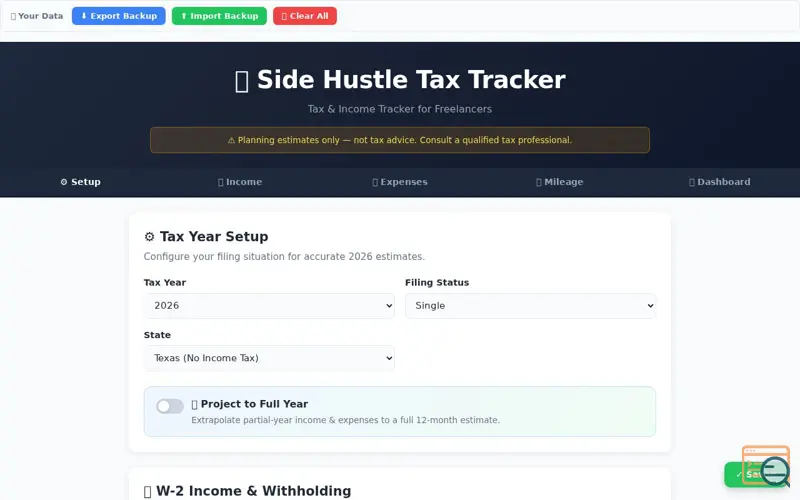 Screenshot of Side Hustle Tax Estimator 2026