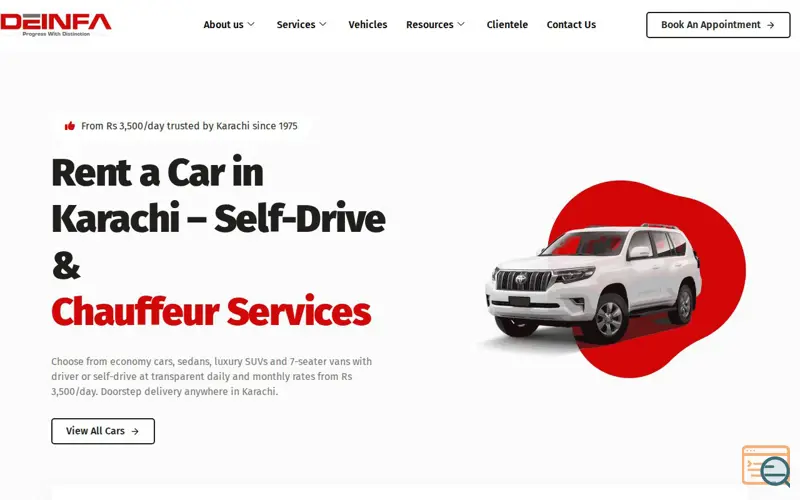 Screenshot of Deinfa Motors Rent a Car Karachi, a launch using ElementsKit