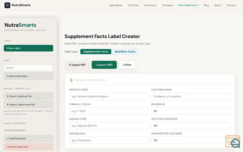 Screenshot of Free Supplement Facts Label Creator