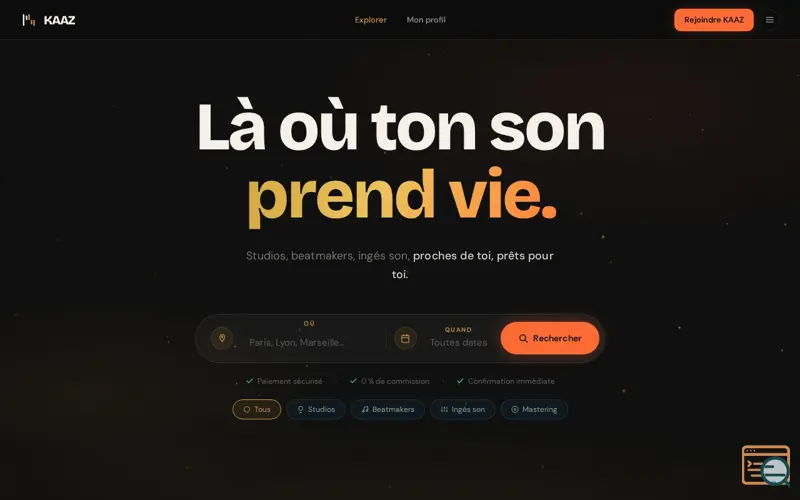 Screenshot of KAAZ — Book music studios in France
