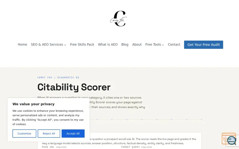 Screenshot of Citability Scorer, a launch using Autoptimize