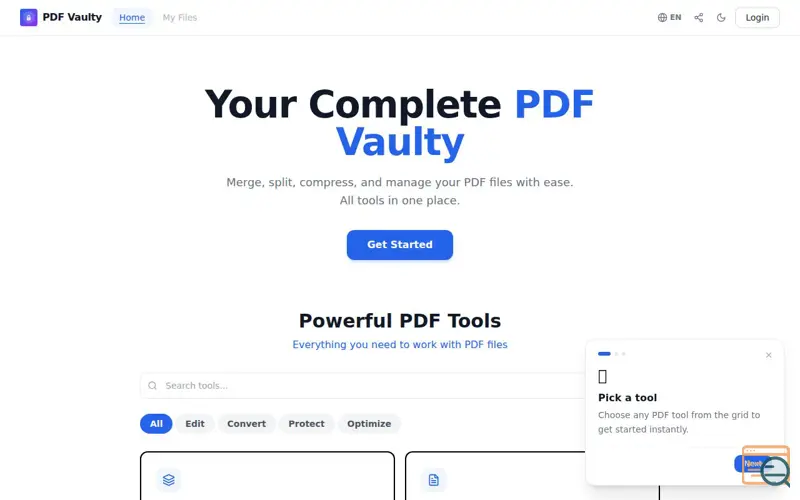 Screenshot of PDF Vaulty, a launch using DFINITY Internet Computer