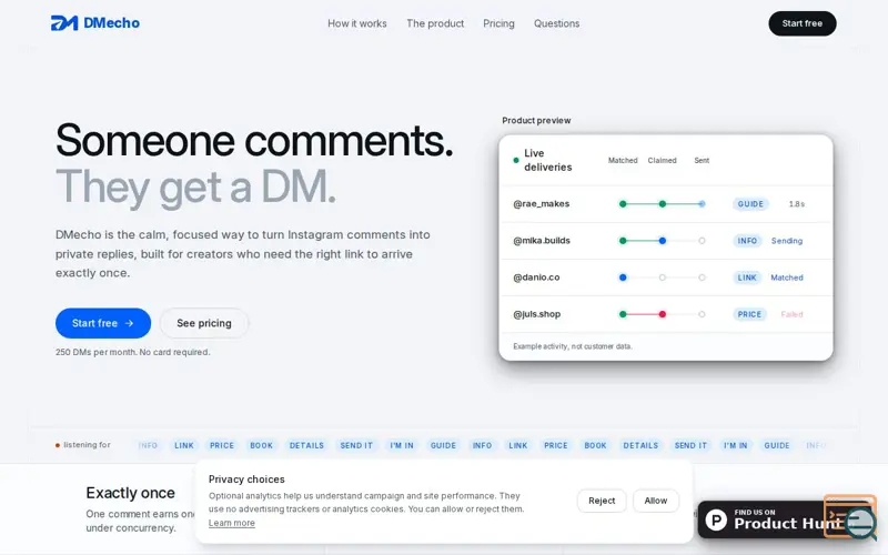 Screenshot of Someone comments. They get a DM. · DMecho