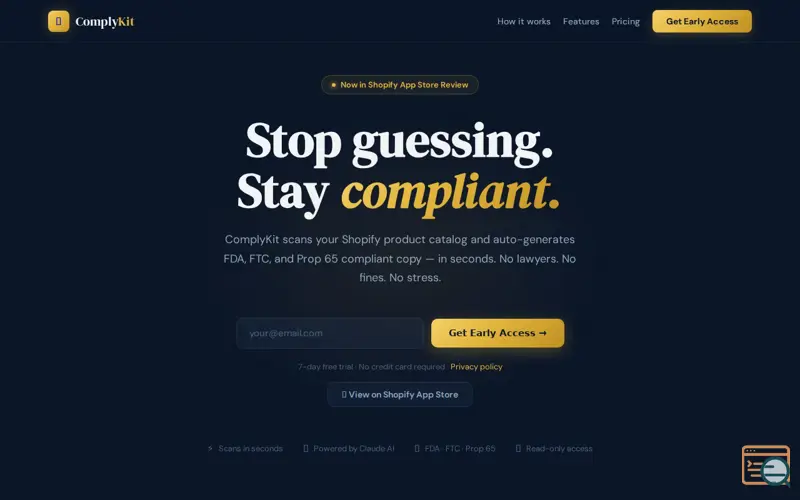 Screenshot of ComplyKit, a launch using Emma