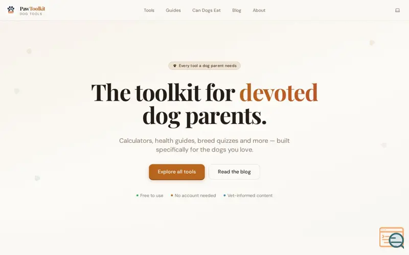 Screenshot of PawToolkit — Free Tools for Dog Parents