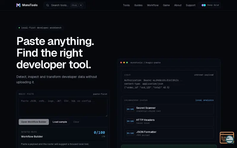 Screenshot of MonoTools — Workflow-first developer tools that keep data local