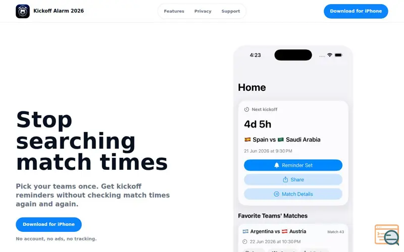 Screenshot of Kickoff Alarm 2026