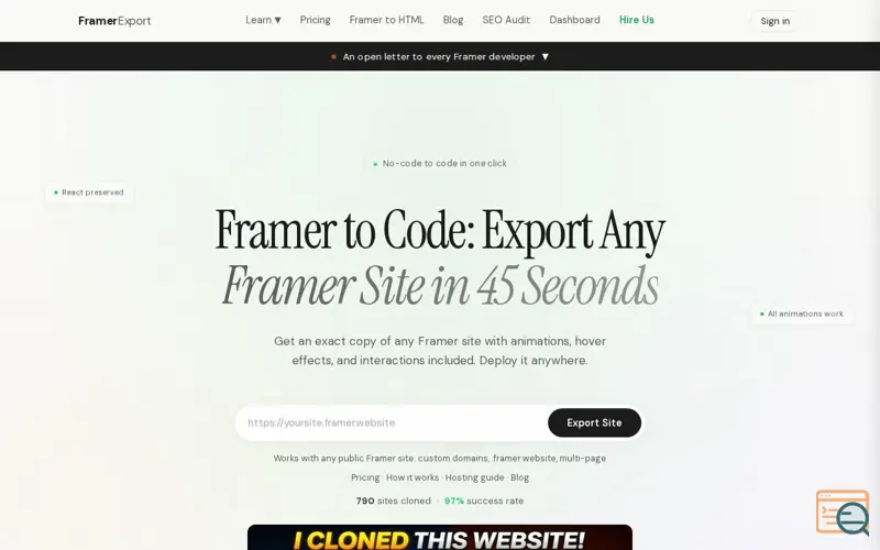 Screenshot of Framer Export
