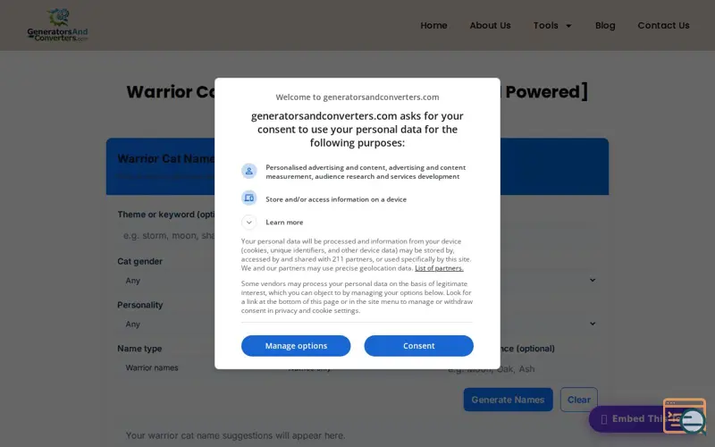 Screenshot of Warrior Cat Name Generator