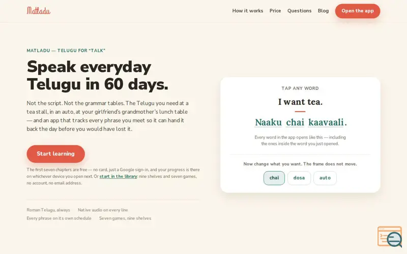 Screenshot of Matladu — speak everyday Telugu in 60 days