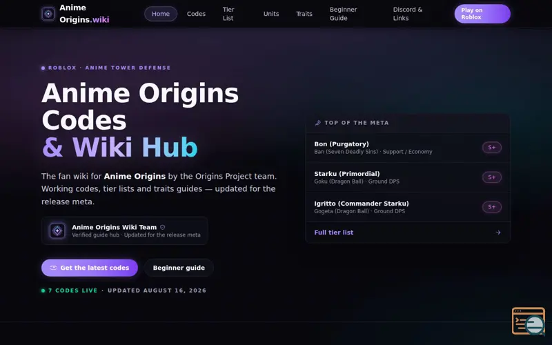 Screenshot of Anime Origins Codes & Wiki Hub
